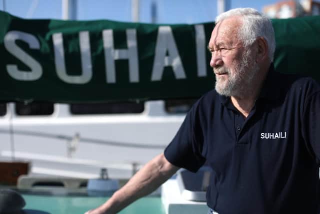 Sir Robin Knox-Johnston aboard Suhaili at Gosport Marina. Picture: Chris Moorhouse (110419-8)
