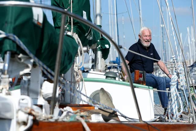 Sir Robin has been restoring Suhaili over the past few years, with a new lick of paint and thousands of new bolts. Picture: Chris Moorhouse (110419-)