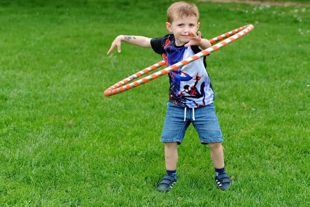 George Sheldon (4) having a go at the Top Banana Circus tent. Picture: Sarah Standing (220419-5513)
