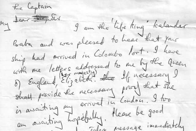 The letter received by Captain Gordon Walwyn after arrival in Colombo, in what was then called Ceylon.