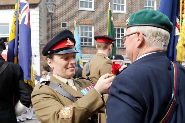 More than 60 veterans were joined by serving soldiers from Thorney Island and school children. Picture: Sarah Standing (230419-6673)