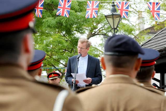 More than 60 veterans were joined by serving soldiers from Thorney Island and school children. Picture: Sarah Standing (230419-5805)