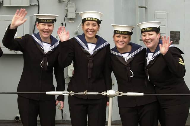 Female sailors wave as HMS Kent arrives home in Portsmouth