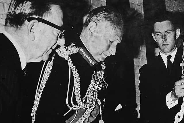 Lord Viscount Montgomery at Portsmouth's Anglican cathedral in 1966. Jim Gardener is on the far right with the architect from Seely and Pagets to the left.