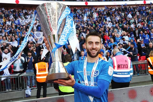 Ben Close celebrates with the Checkatrade Trophy at Wembley. Picture: Joe Pepler
