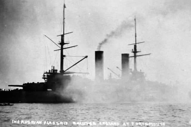 Russian flagship salutes England in Portsmouth. Picture: Barry Cox postcard collection