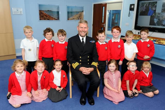 Commander Jules Philo with some of the children from service families in the new service hub The Bay.
Picture: Sarah Standing (250419-7162)