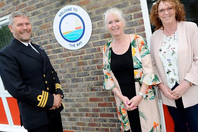 From left, Commander Jules Philo, Gomer Infant School executive headteacher Debby Marshall, and head of school Sarah-Jayne Aspland
Picture: Sarah Standing (250419-7148)