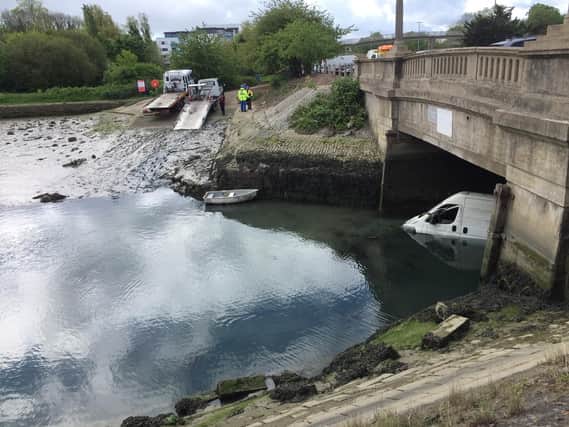 A van has been stuck in Portsbridge Creek for nearly a week. Picture: Sheena Matthams