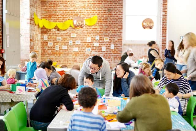 Families have fun at the Family Saturdays workshop at Aspex gallery, Portsmouth. Picture: Daniel Boss