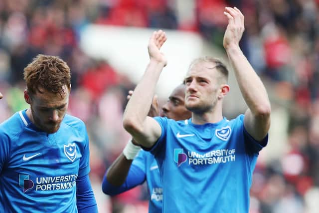 Matt Clarke applauds the travelling Pompey contingent at Sunderland. Picture by Joe Pepler