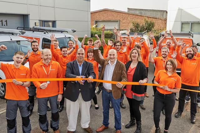 Official opening of easyNetworks rebranded offices on Eastern Road in Portsmouth with Sir Stelios Haji-Ioannou and Richard Gwilliam, Managing Director of easyNetworks (to Sir Stelios right)