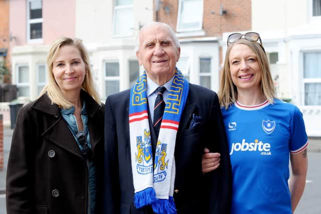 Peter with his daughters Joanna Colville-Reeves, left, and Olivia Blair. Picture: Sarah Standing (220419-5565)