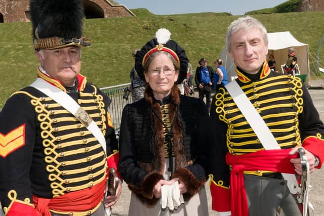 L-R) Cammoron Kinnear (as a Corporal, Royal Horse Artillary), Janet Mummery (as Lady Ross) and Russell Chisnall (Gunner, Royal Horse Artillary) are all local re-enactors and members of 'Ubique Right of Line'. Picture: Duncan Shepherd