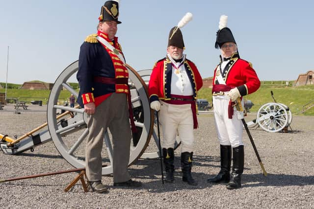 Re-enactors (L-R) Jerry Sperring (Major, Royal Artillary), Adrian Lobb (Colonel, 3rd Foot Guards), Chris Osward (Lieutenant, 3rd Foot Guards). Picture: Duncan Shepherd
