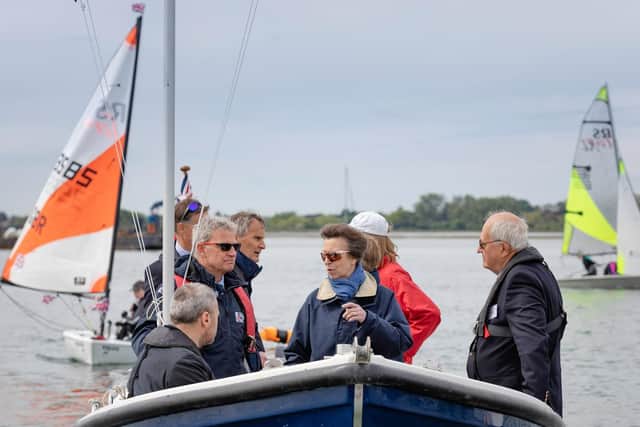 HRH The Princess Royal pictured on the water during her visit to Emsworth Sailing Club today. The visit was arranged to help the club celebrate its centenary.