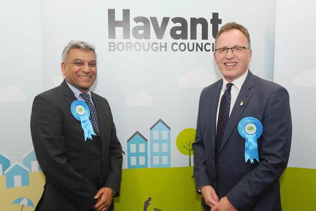 Husky Patel, the new Conservative councillor for Purbrook, and Conservative Gary Hughes, who held his seat in the ward. Picture: Sarah Standing (020519-7921)