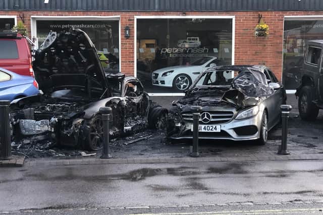 Pictures show the aftermath of a blaze in the early hours of May 3 at Peter Nash car sales garage in Warsash Road in Warash. Police are treating the fire as an arson. Picture: Stephen Darling