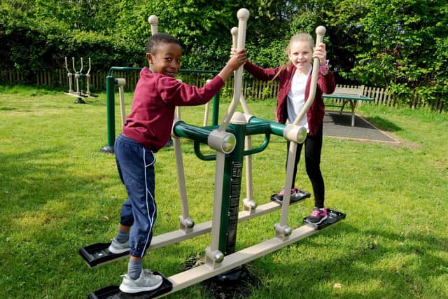 Tyrese Bulze, seven, and Jessica Wise, eight, on the new equipment at Rowner Junior School in Gosport
Picture: Sarah Standing (030519-8024)