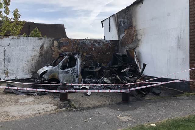 The kebab van totally destroyed by fire off The Square in Bishop's Waltham