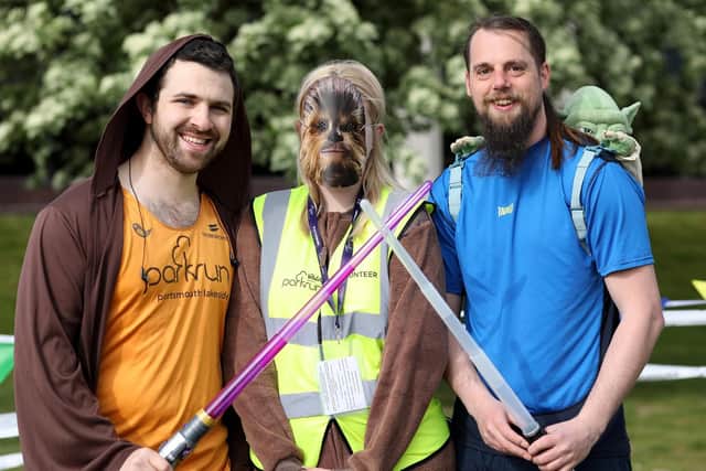 Rob Hall, Becca Malone and Chris Taylor at Portsmouth Lakeside parkrun. Picture: Chris Moorhouse