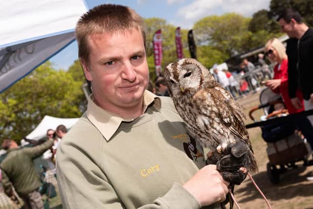 Cory Tooley of 'Owls About Town' with 'Jinnie', a 20 yr old rescue Tawney Owl. Picture: Duncan Shepherd