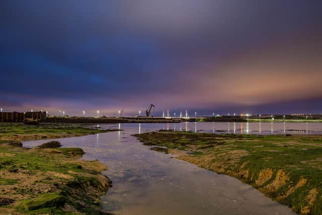 Tide trail at Tipner by night by Liam Nash Photography