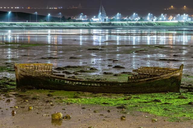 Boat Wreck at Tipner by night by Liam Nash Photography