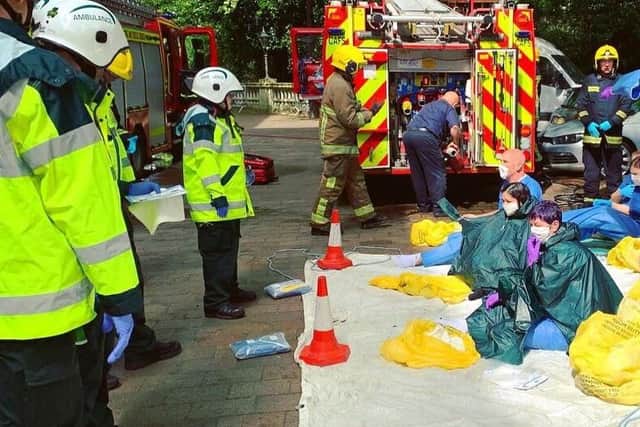 Acid attack drill at the Guildhall in Portsmouth. Picture: SCAS