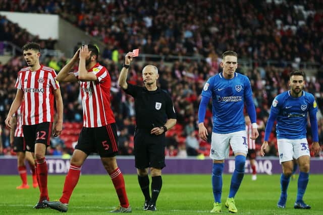 Sunderland's Alim Ozturk was given his marching orders following his 66th-minute foul on Gareth Evans. Picture: Joe Pepler