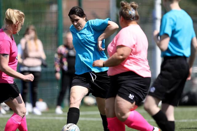 An action shot during the Demi Talman charity football match, Park Community School, Havant.                         Picture: Chris Moorhouse    (110519-2)