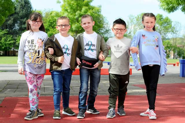 From left, Quinn Barnes, eight, Jake's cousin Hudson Costin, six, Jake Davies, eight, Tommy King, six, and Layla Bester, nine 
Picture: Sarah Standing (100519-7456)