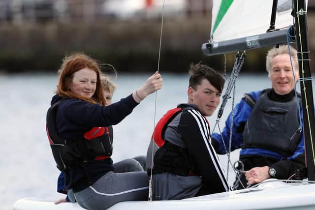 Trying sailing. Gosport Marine Festival at Haslar Marina, Gosport. Picture: Chris Moorhouse (110519-20)