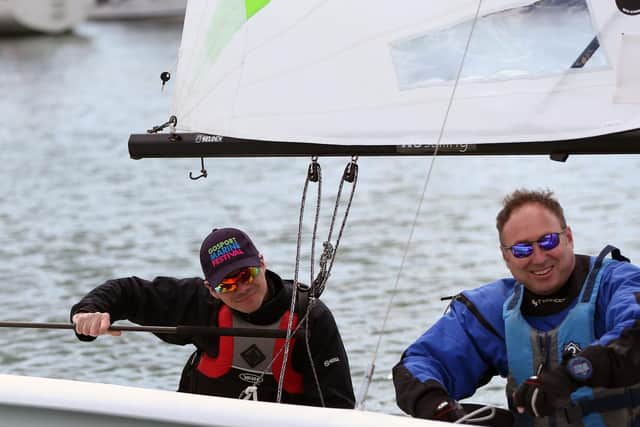 Helmsman Mark Millington and crew Klevin Childs, right. Gosport Marine Festival at Haslar Marina, Gosport. Picture: Chris Moorhouse (110519-23)