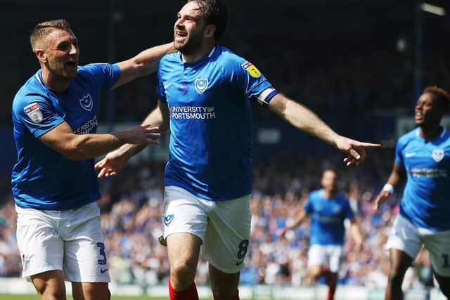 League One - Portsmouth vs Coventry City - 22/04/19
Portsmouths Brett Pitman celebrates scoring his first goal of the match with Portsmouths Lee Brown