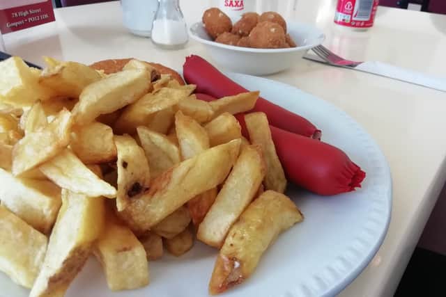 Saveloy and chips, fish cake and breaded mushrooms at Frydays in Gosport High Street. Picture: Dish Detective