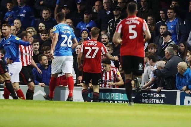 Sunderland defender Luke O'Nien pictured behind the boarding at Fratton Park in the second-leg play-off clash against Portsmouth last night. Picture: Joe Pepler