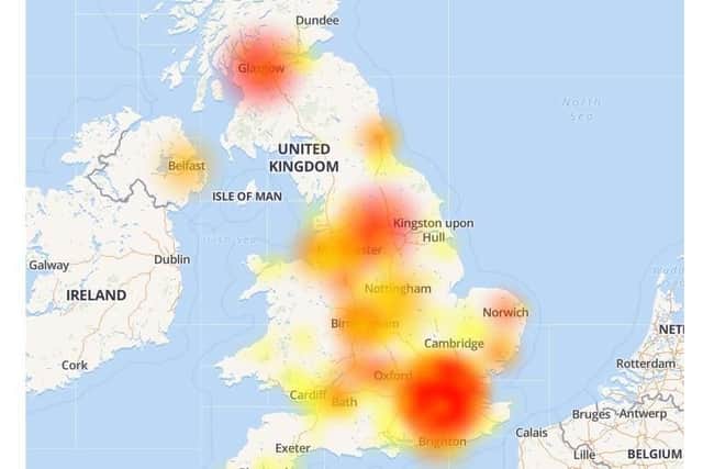 Areas affected by the EE outage this morning. Picture: Down Detector