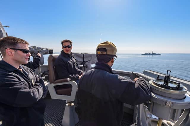 Hectic time for HMS Westminster on NATO Baltic mission
Crew of USS Gravely watch HMS Westminster approach during a towing exercise.
Picture: HMS Westminster and US Navy
