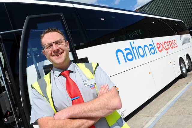 Fareham based Lucketts Travel coach driver Steve Small (38) from Gosport, is fast becoming an online sensation after videos of him giving comedy announcements on board have proved a hit with passengers.Picture: Sarah Standing (210519-9889)