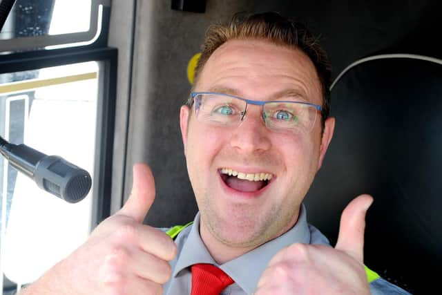 Fareham based Lucketts Travel coach driver Steve Small (38) from Gosport, is fast becoming an online sensation after videos of him giving comedy announcements on board have proved a hit with passengers.

Picture: Sarah Standing (210519-9924)