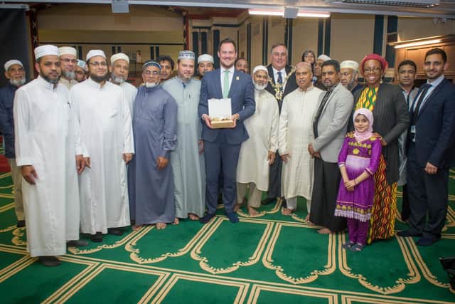 Guests including MP Stephen Morgan and Portsmouth's lord mayor, David Fuller, with members of the Jami Mosque committee on Tuesday. Picture: Habibur Rahman