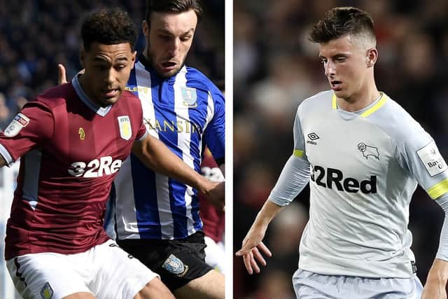 Aston Villa winger Andre Green, left, and Derby forward Mason Mount will do battle in the Championship play-off battle