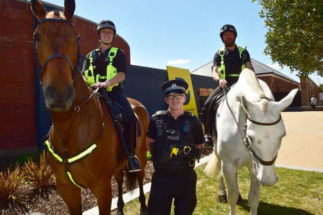 Hampshire police have a large presence in Southsea ahead of the D-Day 75 commemorations on June 5.Pictured is: Mounted horses outside the D-Day Story in SouthseaPicture: Hampshire police
