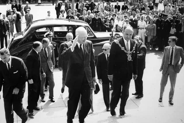 Momentous visit: Ex-President Eisenhower mounts the Guildhall steps with the Lord Mayor...Tim King follows them on the extreme right.