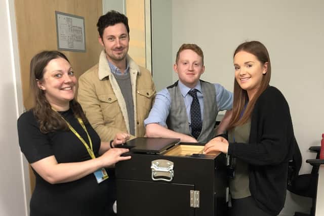 Business editor Kimberley Barber, with news reporters Richard Lemmer and Matt Mohan Hickson, and Highbury College student Sophie Adler take on Mindset, the portable escape room from The Real Escape