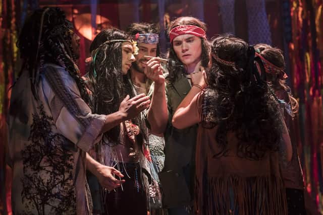 Hair The Musical. Paul Wilkins as Claude is in the red bandana. Picture by Johan Persson
