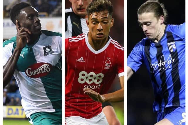 From left to right: Plymouth's Freddie Ladapo, Nottingham Forest's Tyler Walker and Gillingham's Tom Eaves