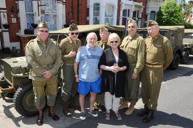 Betty and Andrew Currie, owners of Homestead Guest House in Bembridge Crescent, Southsea, has welcomed a group Americans at their guest house as they prepare to watch the exciting commemorations planned for D-Day 75. Pictured is: (l-r) Benjamin Burruss, Bill Burruss, Andrew Currie, Julius Lorentzson, Betty Currie, Eric Jarvis and Bill Reid. Picture: Sarah Standing (300519-714)
