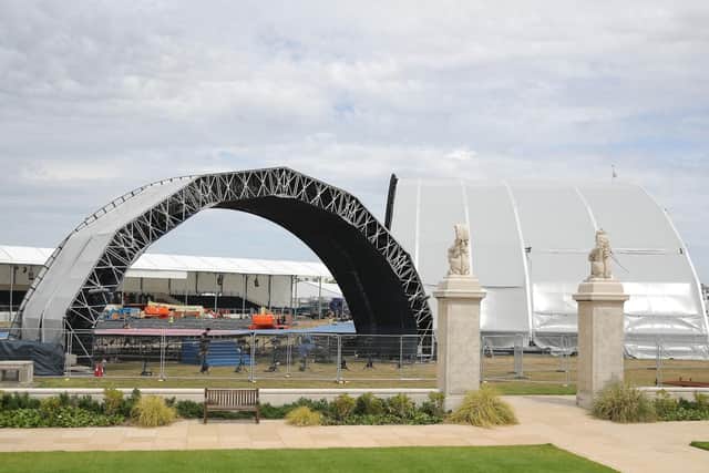 General view of security fencing in place as final preparations are made on Southsea common ahead of the D-Day 75 National Commemorative Event